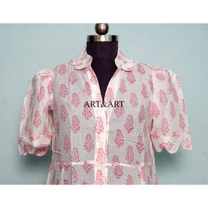 Robe trapèze en pur coton pour femme, imprimée à la main motif floral, style décontracté et élégant, idéale pour le quotidien et les fêtes, simple, lavable - Product Image 2