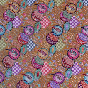 Tela Crepé Natural Transpirable y Suave con Estampado Floral de Rayas en Rubí, Amarillo Mostaza, Caléndula y Azafrán, Bordado y Estampado Colocado, Ornamental - Product Image 4