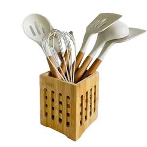 Support d'ustensiles de cuisine en bambou, organisateur de rangement carré, support pour cuillères et spatules, support d'ustensiles de comptoir, étagère à outils en bois - Product Image 1
