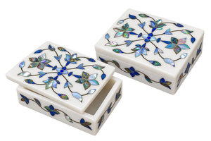 Boîte à bijoux moderne en marbre indien multicolore de luxe avec motif floral et incrustation de nacre Stonecrafts International 10x7,5 cm pour table - Product Image 2