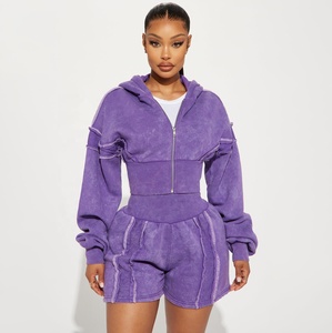 Top Selling Women Washed High Quality Hooded Crop Sweatshirt Set With Drop Shoulder Style Women's Casual Wear Hoodies - Product Image 1