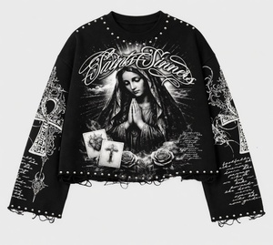 T-shirt unisexe vintage à logo frontal vieilli en tricot délavé à l'acide avec strass, coupe oversize, écologique et à séchage rapide, de marque américaine - Product Image 1