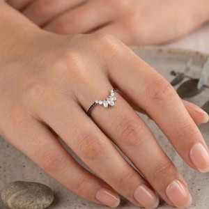 Cluster <b>Proposal</b> <b>Ring</b> Chevron Stacking <b>Ring</b> IGI Certified 10K 14K 18K Solid Gold Marquise & Round Black Lab Diamond Curved <b>Ring</b> - Product Image 2