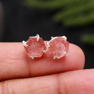 Boucles d'oreilles hexagonales en quartz fraise naturel, argent sterling 925 plaqué or, bijoux ethniques faits à la main, cadeau pour femme - Product Image 3