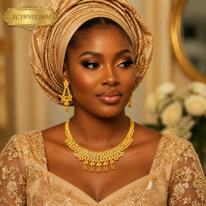 Classic Brass 24K Gold Plated <b>Statement</b> <b>Necklace</b> Set with Tassel Earrings for Women Wedding Jewelry AC19N0136M - Product Image 3