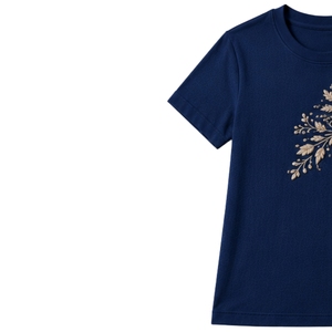 T-shirt en coton bleu roi pour femme, col rond, broderie florale beige, manches courtes, décontracté, personnalisé, OEM, premium, mode estivale - Product Image 3