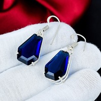 Boucles d'oreilles en saphir bleu, boucles d'oreilles pendantes en argent sterling 925 avec pierres précieuses en forme de cercueil, bijoux en pierre bleue, cadeau pour elle