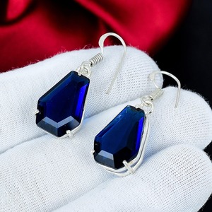 Boucles d'oreilles en saphir bleu, boucles d'oreilles pendantes en argent sterling 925 avec pierres précieuses en forme de cercueil, bijoux en pierre bleue, cadeau pour elle - Product Image 3