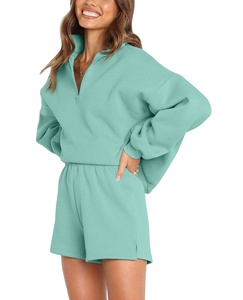 Ensemble 2 pièces pour femme en coton écologique, maille et dentelle, coupe oversize, couleur unie, respirant, pour yoga, avec short et sweat-shirt à taille élastique, séchage rapide - Product Image 3