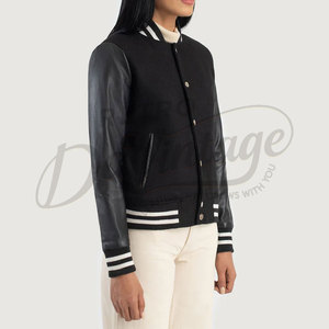 Premium Women Varsity <b>Jacket</b> Real Leather Sleeves Wool Blend Body Classic Letterman <b>Bomber</b> <b>Jacket</b> Slim Fit Casual Outerwear - Product Image 1