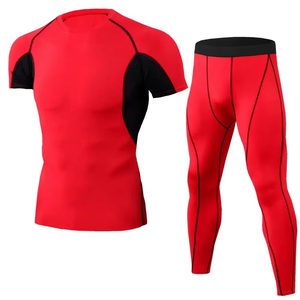 Conjunto de Compresión Rojo para Hombre, Cuello Redondo, Manga Corta, Secado Rápido, Spandex, Poliéster, Diseño Sólido, Ajuste Ceñido, para Todas las Temporadas - Product Image 1