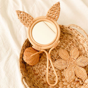 Handmade Natural <b>Vintage</b> Rattan Hand Held Kids Toy Bunny <b>Mirrors</b> Handheld Compact Rabbit <b>Mirror</b> With Custom logo - Product Image 1