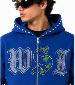 เสื้อฮู้ดซิปสีน้ำเงินสำหรับผู้ชาย พิมพ์ลายตัวอักษร WSI ประดับเพชร ทรงปกติ สไตล์สตรีทแวร์ ผ้าฟลีซ โพลีเอสเตอร์/คอตตอน - Product Image 2
