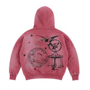 Sweat à capuche en molleton French Terry, coupe ample, entièrement personnalisé, rouge rose vintage, avec fermeture éclair, clous en strass et cristaux, imprimé graphique DTG - Product Image 3