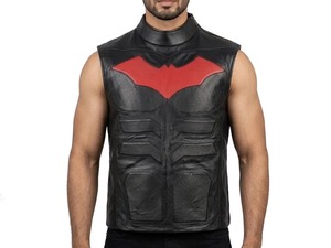 Mens Black Leather <b>Red</b> Hood Cosplay Vest Sleeveless Biker Costume <b>Jacket</b> - Product Image 1