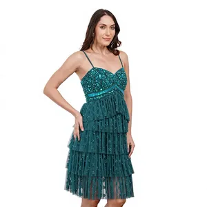 Robe de cocktail de luxe vert turquoise en tulle à volants, lourdement ornée de perles et de paillettes, à fines bretelles, pour femme - Product Image 1