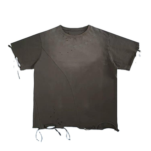 T-shirt en coton marron délavé personnalisé pour homme, style vintage déchiré, coupe ample, col imprimé étoile, streetwear de haute qualité - Product Image 5