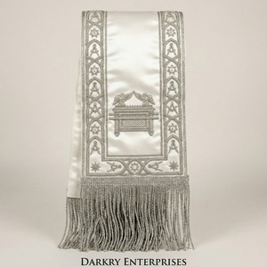 Écharpe maçonnique OES en soie blanche, Ornement de l'Ordre de l'Étoile d'Orient, Broderie à la main en fil d'or, Bordure étoile argentée, Franges de regalia personnalisées - Product Image 2