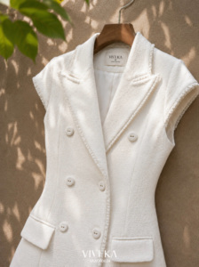 Chaleco Blazer de Mujer de Tweed de Lana Blanco con Doble Abotonadura, Manga Casquillo, Cuello Solapa, Cierre de Botones, Color Sólido, Antiestático, Otoño - Product Image 6