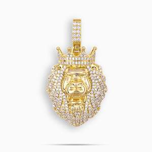 Men's 22k Gold Plated Lion Head Pendant Necklace With Moissanite Stones <b>Rope</b> <b>Chain</b> Hiphop Style Everyday Wear - Product Image 3