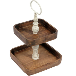 Creative Mango Wood 2 Tier Cake Stand With Black Iron Handle Round Decorative Wooden Cupcake & Dessert Stand For Home Decor - Product Image 3