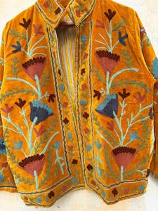Premium Orange <b>Velvet</b> Embroidered Suzani <b>Jacket</b> with Floral Pattern Full Sleeve Stand Collar Handmade Boho Winter Coat - Product Image 4