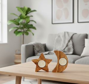 Ensemble de porte-bougies chauffe-plat en bois massif « Duo céleste » étoile et lune – Idéal pour la maison et la décoration, parfait pour Noël - Product Image 1