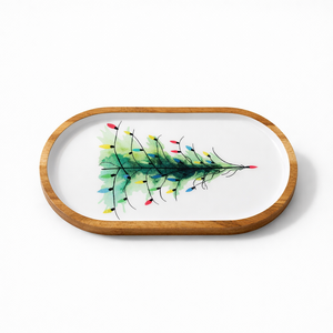 Bandeja ovalada de madera de mango esmaltada con estampado de árbol de Navidad grande, hecha a mano, para servir bocadillos, frutos secos, para uso en el hogar, cocina o restaurante. - Product Image 1