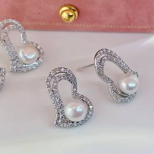 Hao Shi Fashionable Inlaid 6-7mm Freshwater <b>Pearl</b> <b>Earrings</b> Love Style High-End Temperament for Women Wholesale - Product Image 2