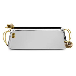 Magnifique plateau de service rectangulaire argenté avec élégantes poignées dorées en forme de fleurs et accents floraux assortis sur la base pour le service - Product Image 1