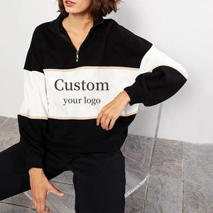 เสื้อสเวตเชิ้ตผู้หญิงดีไซน์ใหม่สำหรับฤดูใบไม้ร่วงและฤดูหนาว แบบถักลายบล็อกสี ซิปครึ่งตัว สไตล์วินเทจ พิมพ์ลายตัวอักษร เสื้อลำลอง - Product Image 1