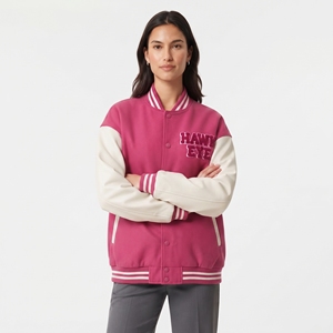 Chaqueta estilo universitario para mujer, logotipo personalizable, manga larga, abotonada, corte holgado, chaqueta de color contrastante para mujer - Product Image 2