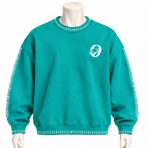 Mens Teal <b>Stitched</b> Border Distressed Crewneck Sweatshirt Loose Fit Pullover Long Sleeve Casual Streetwear Fashion Training Top - Product Image 1