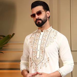 Ensemble Kurta Pyjama Traditionnel Blanc Brodé de Soie pour Homme, Tunique avec Col et Poignets Ornés de Zari, Tenue de Fête et de Cérémonie, Vente en Gros, Style Ethnique - Product Image 1