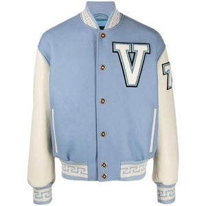 <b>Men's</b> Light Blue Varsity <b>Jacket</b> With White Letter V Embroidery And Greek Key Trim Preppy Style Autumn Wear - Product Image 1