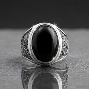 Anillo de Sello para Hombre de Plata de Ley 925 con Ónix Negro de 12x16mm, Engaste de Bisel Ovalado, Diseño de Planta, Clásico para Uso Diario - Product Image 1