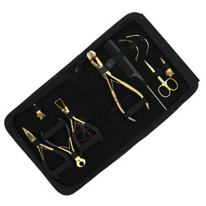 Kit completo de herramientas para extensiones de cabello de oro: removedor de microperlas, alicates de crimpado, alicates para extensiones de cinta, cortador de adhesivos y peine para puntas de cabello. - Product Image 1