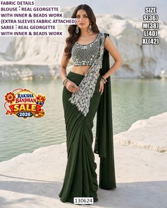 Sari en Georgette Vert Émeraude Royal avec Blouse Perlée et Sous-vêtement pour Femme, Coupe Classique, Longueur au Sol, Tenue Traditionnelle, Séchage Rapide, Idéal Mariage - Product Image 1