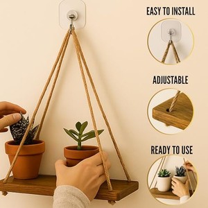 Étagère murale en bois pour plantes suspendues avec corde en jute - Décoration murale artisanale - Product Image 4