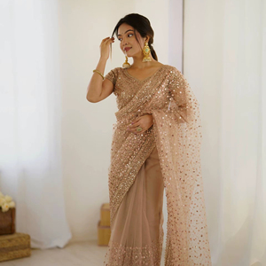 Sexy O-Neck Tank Sleeve Blouse Heavy <b>Sequine</b> Embroidery Breathable Washable Embroidered Net Fabric Eco-Friendly Women's - Product Image 1