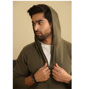 Sweat-shirt à capuche zippé en polaire vert olive classique pour homme, avec cordon de serrage personnalisé, couleur unie, style décontracté, vente en gros - Product Image 6
