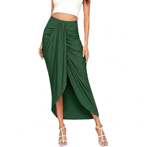 Women's Office Lady Style Mustard Yellow High Waist Ruched Woven Fabric Ankle-Length Asymmetrical Hem Solid Long Wrap <b>Skirt</b> - Product Image 3