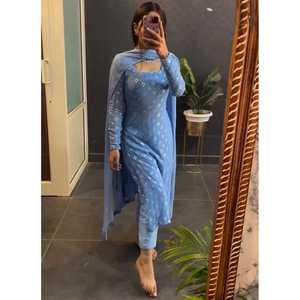 FANCY GEORGETTE SEQUENCE FIL DE TRAVAIL TOP BAS AVEC DUPATTA SEA BLUE - Product Image 1