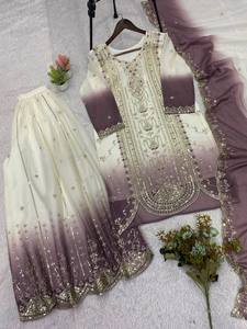 Women Traditional Indian Pakistani Printed <b>Star</b> Georgette Silk Wedding <b>Dress</b> Set Regular Length Purple White Embroidered Ombre - Product Image 4