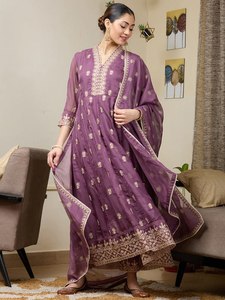 Purple Rayon Ankle-Length <b>Kurti</b> with Embroidery Traditional <b>Indian</b>-Pakistani Women's Casual Wear Loose Fit Dress - Product Image 5