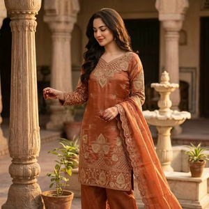 Elegante Conjunto de Traje de Seda GMY – Kurti con Bordado de Lentejuelas, Pantalón y Dupatta de Encaje - Product Image 1