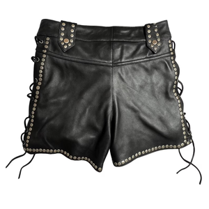 High Waist Black studded <b>Leather</b> Shorts With Rivet Details Lace-Up Front Moto Biker Style Women's Short Skirt - Product Image 5
