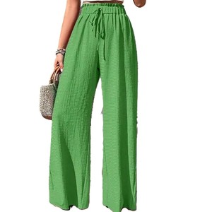 Pantalon large taille haute pour femme, décontracté, coupe ample, vert uni, en coton, séchage rapide, respirant, plissé devant, élastique, pour l'été - Product Image 1