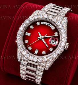 Reloj de Lujo para Hombre con Esfera Roja Sunburst, Diamantes Moissanite, Estilo Hip Hop, Completamente Cubierto de Diamantes, Fecha y Día, Automático, de Acero Inoxidable - Product Image 4