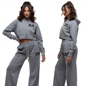 Survêtement à capuche zippé court en molleton de coton bleu marine pour femme Premium B.B INDUSTRY, ensemble deux pièces assorti, streetwear d'hiver - Product Image 4